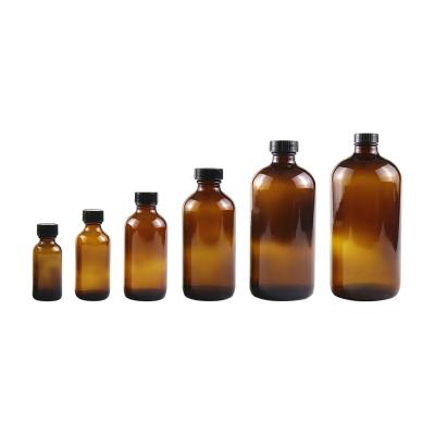 China 1oz Boston Cosmetic Glass Bottle Amber Essential Oil Bottle Packaging 1000ml Boston Refillable Bottle With Black Poly Cone Cap for sale