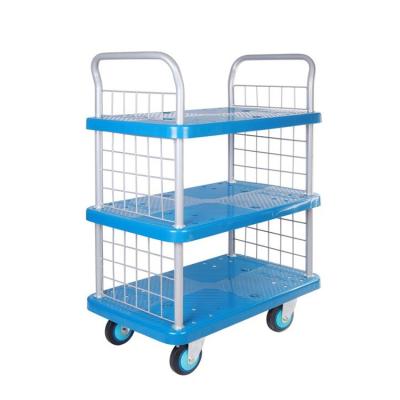 China Uni-silent Plastic Tools 250kgs Hand Pull Cart School Use Flatbed 3 Tier Moving Trolleys Hand Cart PLA250T-T3-SC for sale