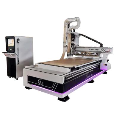 China Hotels 4x8 FT3 Axis Wood CNC Router With Engraver ATC 1325 3D Auto Tool Switch CNC Router Machine For Wood Furniture for sale