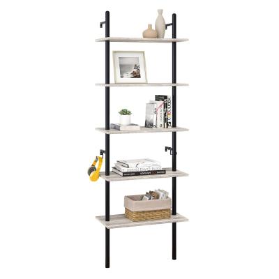 China Living Room Industrial Ladder Shelf 5 Tier Wall Mounted Shelf with Organizer Bookcase Storage Rack with 2 Hooks for sale