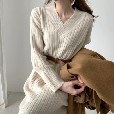 China 2021 DHL Polyester Spandex Loose Size High Quality Heavy Anti-static Cotton Stretch Long Sleeve Winter Knee Length Dress for sale