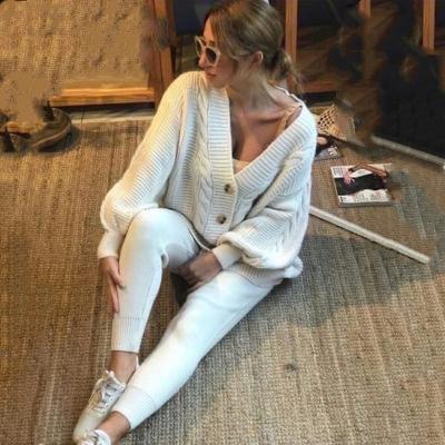 China 2021 high quality QUICK DRY cashmere sweater long sleeve knit thin casual cardigan and special pants ladies knit sweater set for sale