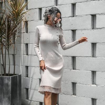 China 2021 autumn and winter new casual loose long sleeve solid color button anti-static thin lace knit ladies sweater dress for sale