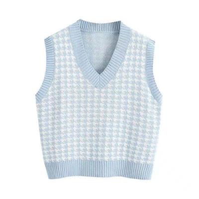 China Latest Amazon Style Women's Autumn And Winter Anti-wrinkle Houndstooth Polyester Vest V-Neck Sleeveless Sweaters For Women for sale