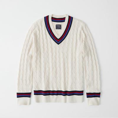 China Custom New Design Anti-Shrink Logo V-Neck Cable Knit Striped Cricket Sweater Wholesale for sale