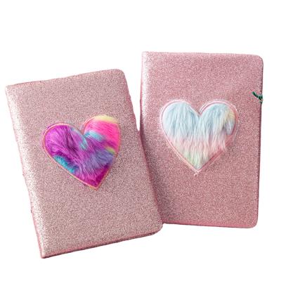 China Beautiful Bling Printed Glitter Cover Notebook with Plush Heart Rainbow Color Customized A5 A6 Notepad with 80sheets Paper for sale