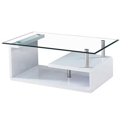 China Modern Modern Clear Glass Top Coffee Table With Bent Wooden Shelf for sale