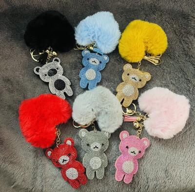 China Cute China Rhinestone Peach Heart Bear Flannel Peach Bear Love Heart Plush Ball Key Chain Lady Bag Popular Purse Pendant Accessories for sale