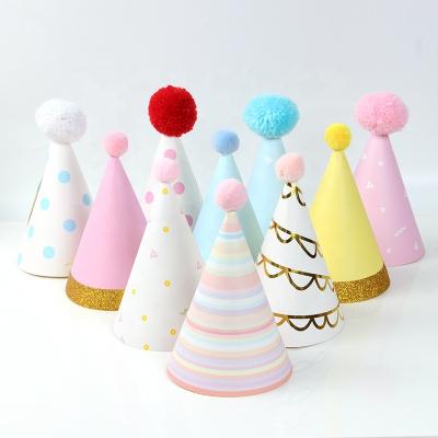 China BPF-007 China Party Hats Fun Cone Party Hats Kids Happy Birthday Paper Cone Hot Paper Hat With Poms/Plush Balls For Kids Adults for sale