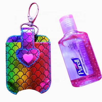 China Hot Selling Mermaid Style Portable China PU Hand Sanitizer Leather Holder with Empty Hand Sanitizer Bottle and Key Chain for sale