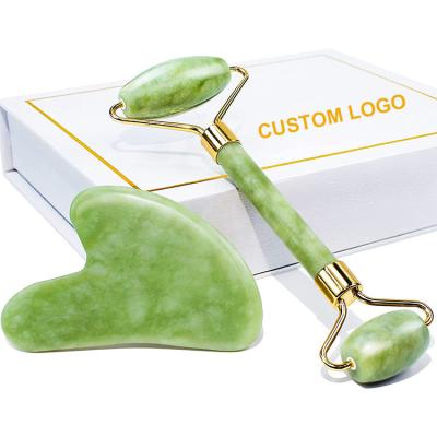 China Custom Logo Facial Beauty Roller Skin Care Massage Face Lift Factory Jade Roller Gua Sha Set Facial Green for sale