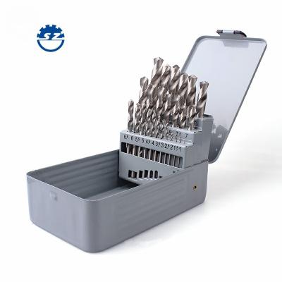 China 25pcs Metal Drilling 25pcs Din 338 HSS 4241 Straight Metal Case Leg Drill Bits Roll Forged Straight Set for sale