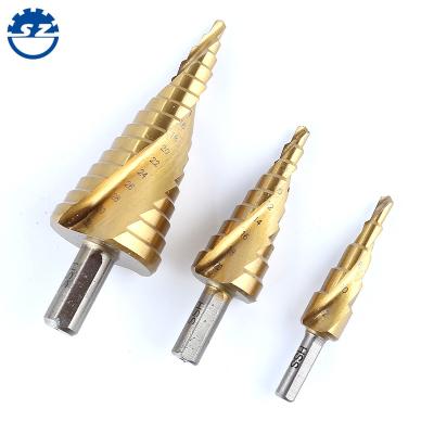 China Metal Drilling 4-32mm Metric Titanium 3 Flats Shank HSS 6542 Spiral Groove Step Drill Bit for sale