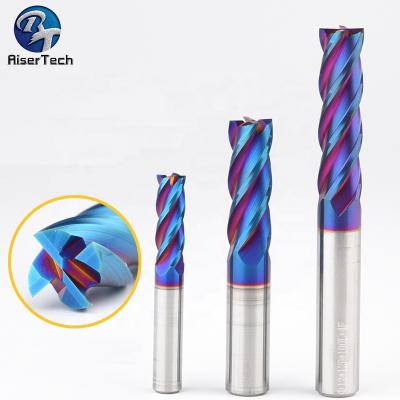 China blue coated carbide/carbide end mill four coating flute and hrc65/hrc58/hrc55 nano milling cutters for metal steel cutting for sale