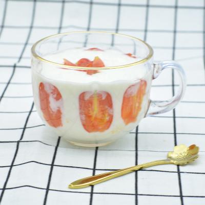 China Disposable glass cup with gold rim and spoon, breakfast cup for coffee, milk, oatmeal and ice cream. for sale