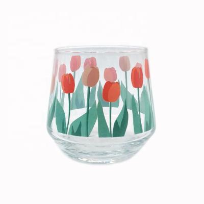 China Wholesale Scandinavian New Unique Floral Tulip Pattern Glass Tumbler Decal Design Water Tea Milk Glass Cups for sale