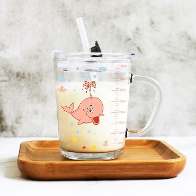 China Exquisite Printed Glass Tumbler Stocked With Lid And Silicon Straw Plastic Ins Water Cup Popular Custom Design Milk Drinking Glass for sale