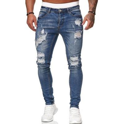 China 2021 new QUICK DRY high end enumeration skinny ripped denim blue jeans pants for men for sale