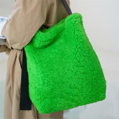 China Lady Winter Niche Design Green Lamb Hair Lazy Shoulder Bucket Bags 2021 Fashion Large Capacity Casual Totes Women Purses and Handbags for sale