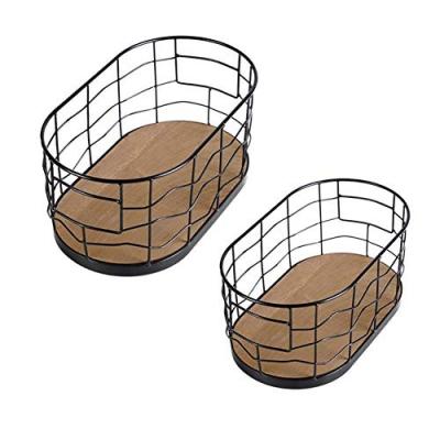 China Sustainable Portable Metal Wire Fruit Storage Baskets Kitchen Wire Bins With Handle And Bamboo Board 2 Pack for sale