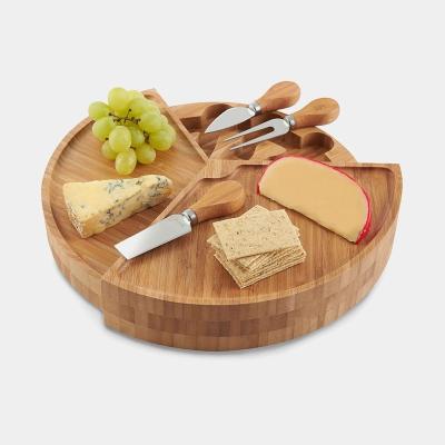 China Sustainable Creative Bamboo Round Foldable Revolving Cheese Board and Knife Set Meat Tray with 4 Knives for sale