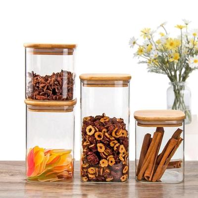 China Various Sizes Square Borosilicate Glass Storage Jar Airtight Container Tea Food Sustainable Coffee High Storage With Bamboo Lid for sale