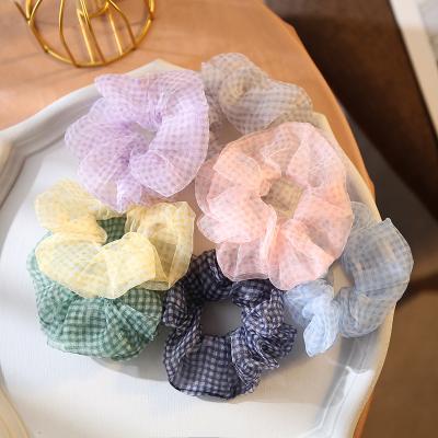 China Environmental Friendly Chiffon Hair Scrunchies Grid Chiffon Elastic Hair Band Girl's Hair Accessories Semi-transparent for sale