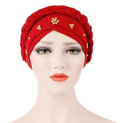 China Wholesale New Design Plain Headwrap Hats Arab Muslim Turban Loose Arabic Beaded Hood Braid Friendly Material for sale