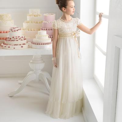 China Bridesmaids Wedding Dress Lace Short Sleeve High Waist Elegant Dress Kids Walk Show Host Performs Princess Skirt for sale