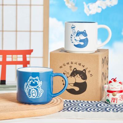 China Pronto para envio em estoque caneca de cerâmica personalizada taça de gato azul e branco à venda