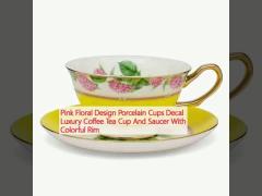 Pink Floral Design Porcelain Cups Decal Luxury Coffee Tea Cup And Saucer With Colorful Rim