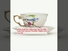 White Gold Rim Afternoon Tea Set With Cups And Saucers Porcelain Teapot And Cup Set
