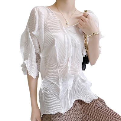 China Women's Summer High-End Crinkle Solid Color Blouse Women's Soft Age-Reducing Age-Reducing T-Shirt QUICK-DRY Pleated Tops New for sale