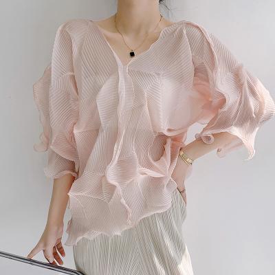 China Wholesale QUICK DRY Pleated Women's Solid Color Blouse Women's Summer T-shirt Vintage T-shirt Women Tops New for sale