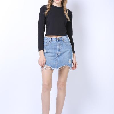 China OEM Breathable Enzyme Wash Ripper Jeans Women OEM Fit Fray Side Seam Wave Denim Straight Bottom Skirt for sale