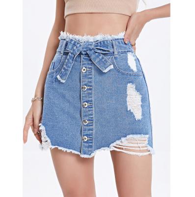 China Breathable High Quality Non-Stretch Front Button Open And Scratch Holes Edge Raw Ladies Mini Skirts With Belt for sale