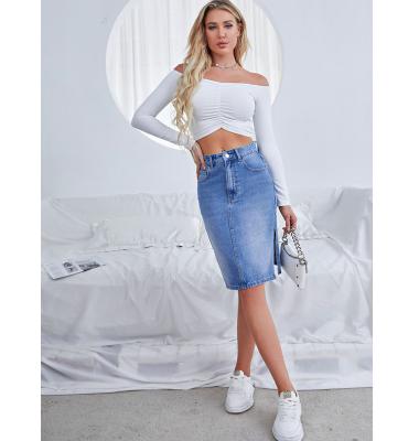 China High Quality Breathable Mid Blue Denim Fabric Split On Side Stretch Denim Knee Length Skirts for sale