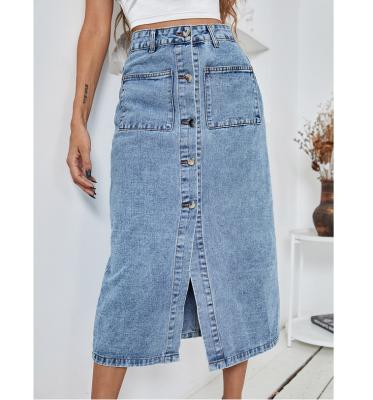 China Breathable High Quality Button Fly Fabric Non-Stretch Denim Opening Snow Wash Straight Denim Skirts For Women for sale