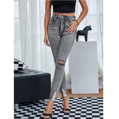 China QUICK DRY High Waist Ripped Edge Fringed Skinny Jeans Pencil Pants Slim Leg Women Jeans for sale