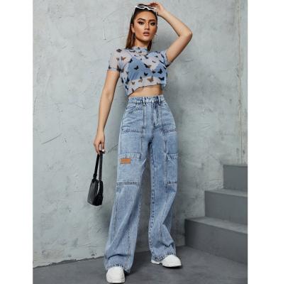 China New fashion women QUICK DRY jeans patch pocket jeans women high waist straight fit jeans for women for sale