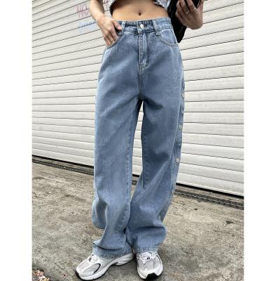 China QUICK DRY Mid Blue Color Straight Fit Mid Waisted Decorate Button On Side Lady Jeans for sale