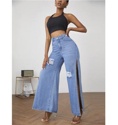 China QUICK DRY High Waist Wide Leg High Slit On Both Side Zipper Fly Ripped Women Jeans for sale