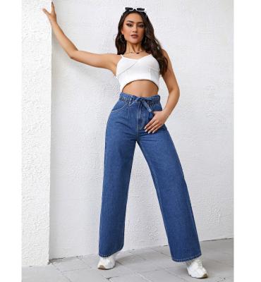 China QUICK DRY Straight Elastic Waistband High Fit Wide Leg Denim Pants With Tape Women Jeans for sale