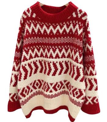 China custom Anti-wrinkle christmas snowflake pattern red sweater 2022 winter sweaters for adults knitted long sleeve o neck pullover sweater women for sale