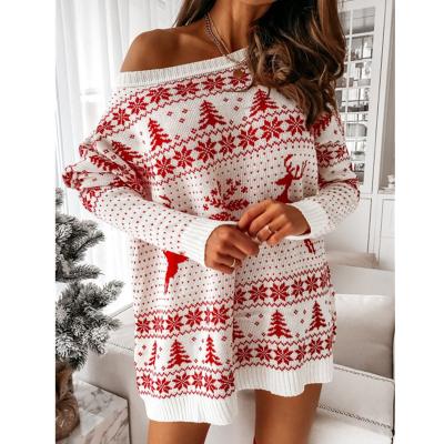 China Anti-wrinkle factory winter 2022 new sweater women ladies knitted christmas jacquard loose knitted long sleeve dress for sale