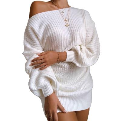 China Qingjiao 2022 New Arrival Washable Women Mini Dresses Solid Long Sleeve Sexy Shoulder Sloping Knitting Skirt for sale