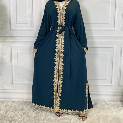 China Wholesale Qingjiao Polyester Women Fashion Abaya Embroidery Wholesale Muslim Clothing Long Sleeve Cardigan Belt Maxi Dress Women Dresses for sale