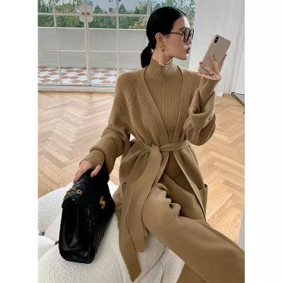 China 2022 Anti-wrinkle QJ wholesale knit sweater 3 pieces sets loose cardigan sweater long sleeves tops autumn winter long pants women sweater for sale