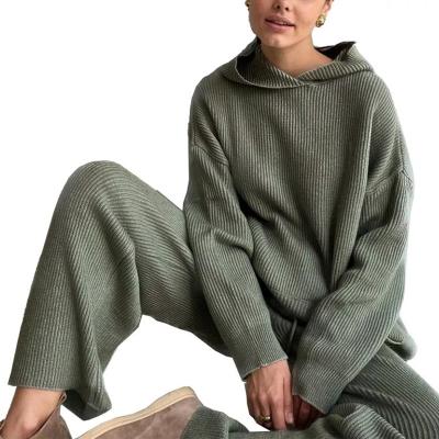 China Anti-wrinkle Qinjiao Autumn Winter New Custom Knit Sweater 2 Two Piece Hooded Pants Sets Women Loungewear Knitted Women Sweater Set for sale