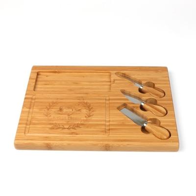 China Custom Stocked Logo Rectangle Shape Natural Bamboo Cheese Board With Knife Set for sale